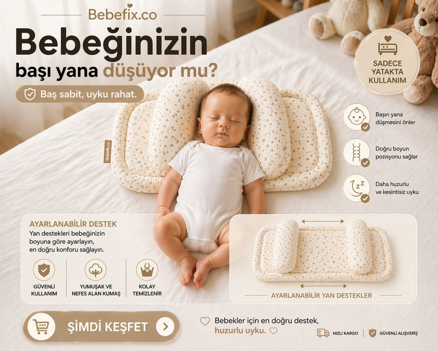 Ayarlanabilir Yan Destekli Bebek Baş & Boyun Destek Minderi